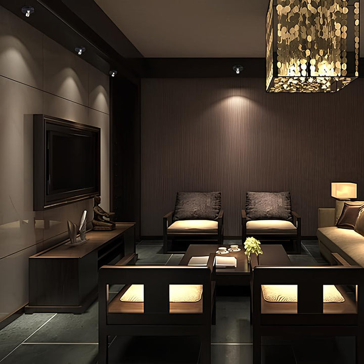 Multicolor LumaSpot wireless accent light highlighting a piece of art on a wall.