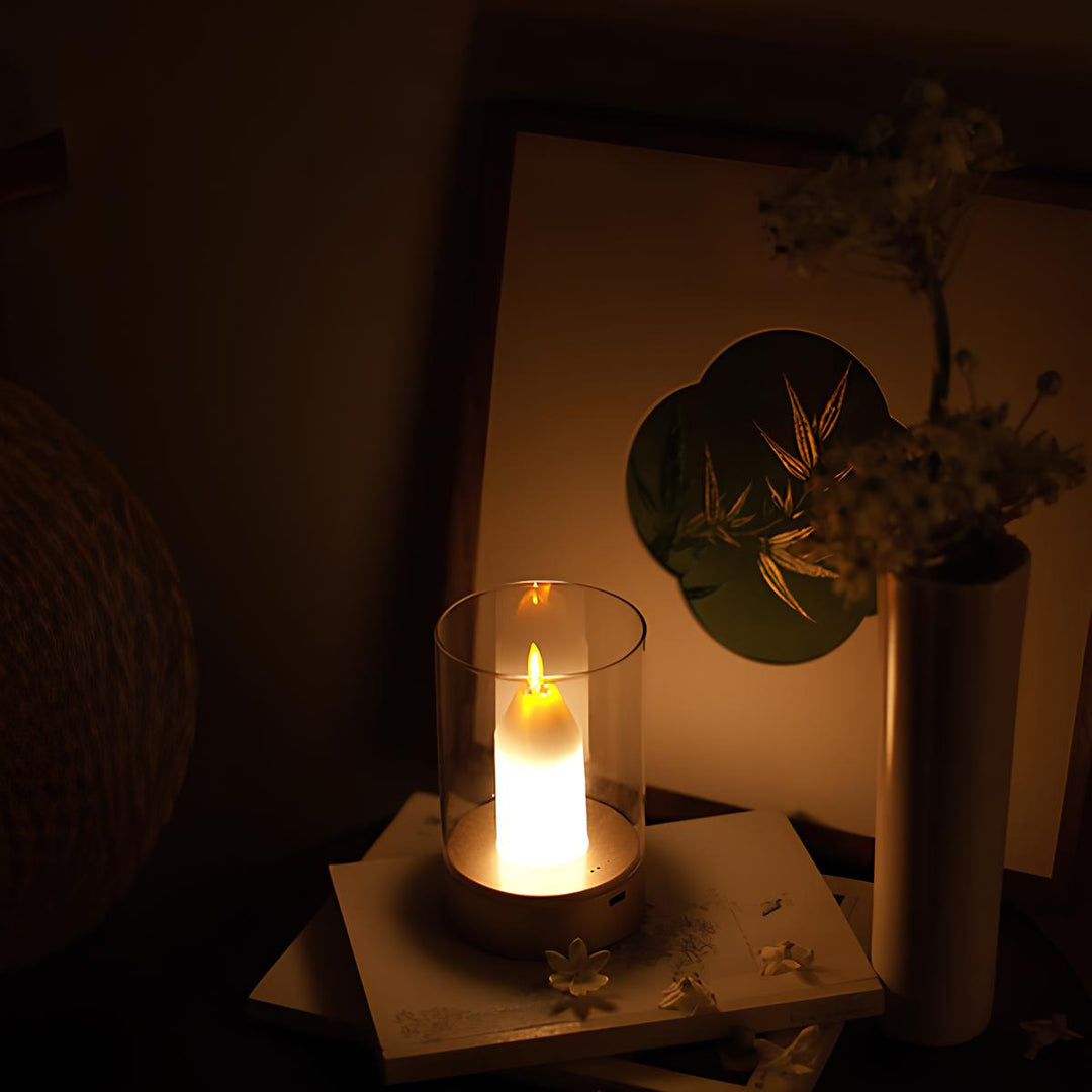 Detailed view of the base and light source of the gesture-controlled LED candle lamp