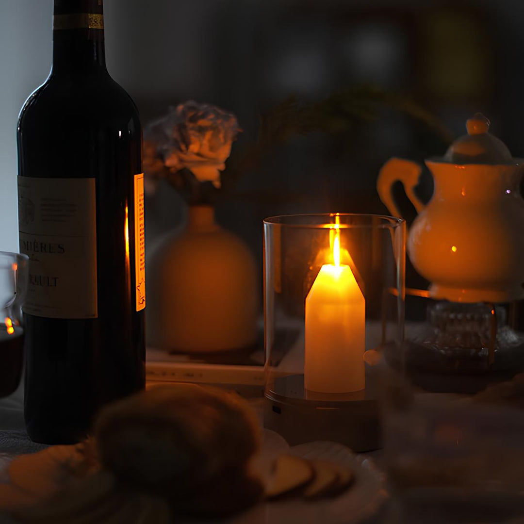 Close-up of wireless LED candle lamp showing realistic flickering flame effect