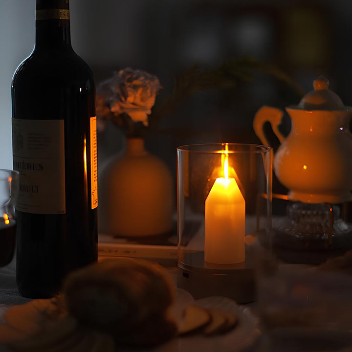 Close-up of wireless LED candle lamp showing realistic flickering flame effect
