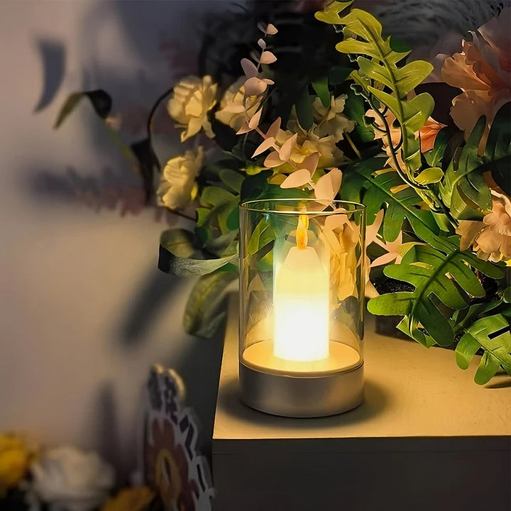 LED candle lamp with gesture control, illuminating a cozy living room at dusk