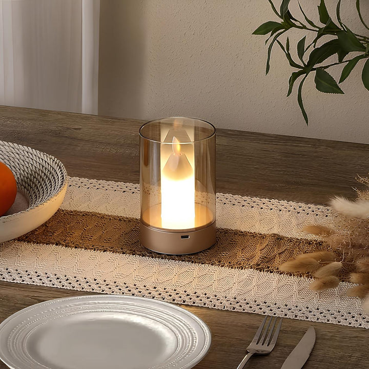 LumiCandle LED lamp illuminating a bedroom nightstand, providing soft, warm light