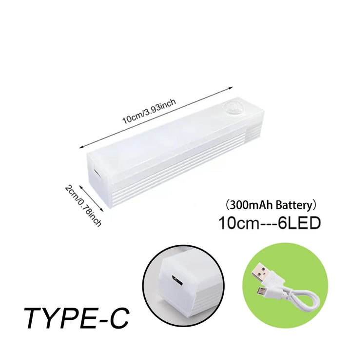 Rechargeable wireless LED night light with motion sensor illuminating a dark closet for easy visibility.