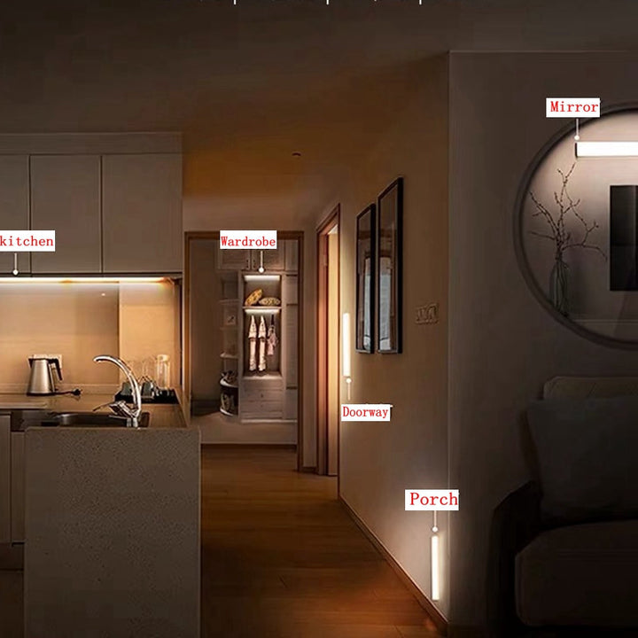 Sleek white wireless LED night light with motion sensor, rechargeable & energy-efficient for modern home lighting.