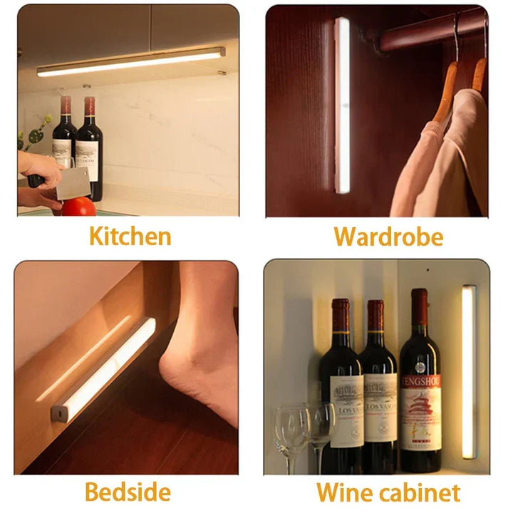 Easy-install magnetic LED light, motion-activated for under cabinets, closets, and dark spaces. Rechargeable.