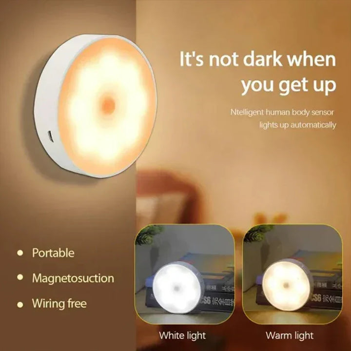 Energy-efficient warm white wireless motion sensor LED night light, portable for automatic home safety lighting.