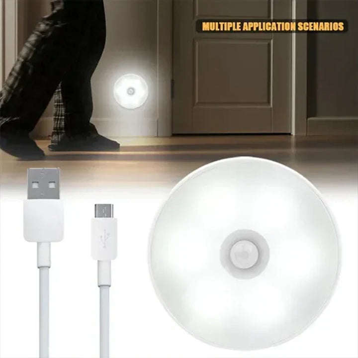 Warm white wireless motion sensor night light, LED automatic lighting solution for stairs, hallways & safety.