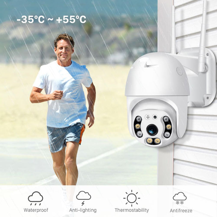 Full HD wireless outdoor security camera with night vision, motion detection for 24/7 home security monitoring.