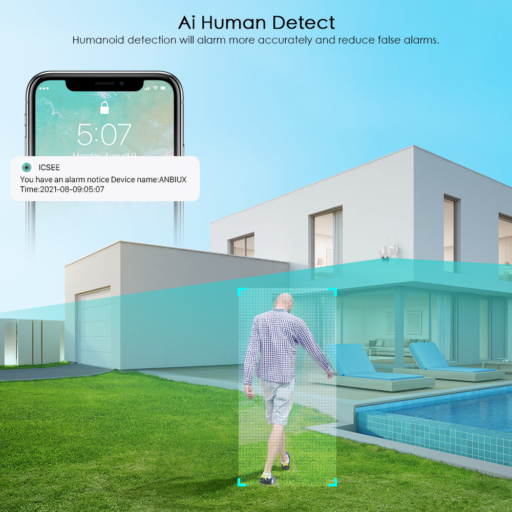 Wide-angle wireless outdoor security camera offers extensive coverage for smart home surveillance with WiFi.