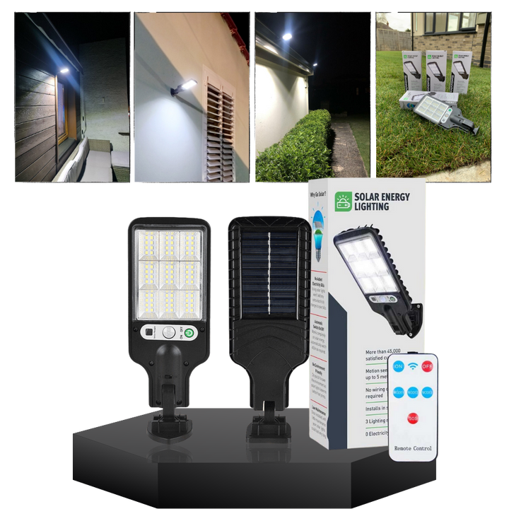 Bright solar LED security light with motion sensor for outdoor home protection. Ideal for gardens, patios & driveways.
