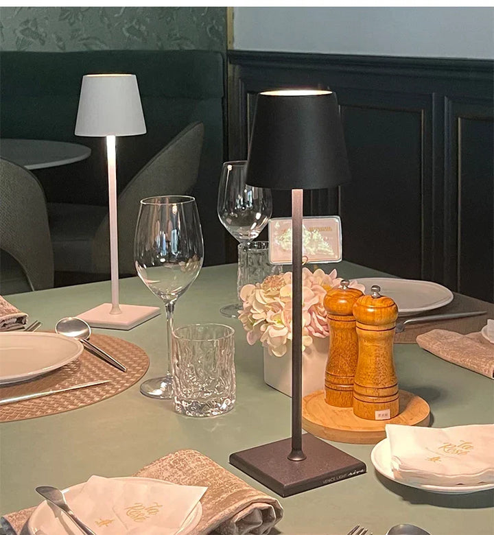 Sleek LED table lamp, dimmable and wireless, perfect for creating an inviting atmosphere.