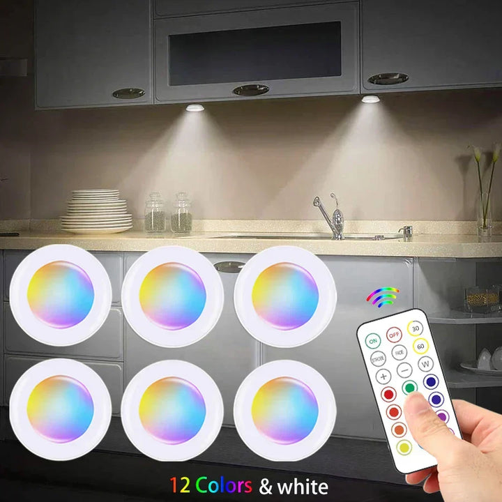 Wireless RGB LED under cabinet lights with remote control, perfect for kitchen & home ambiance.