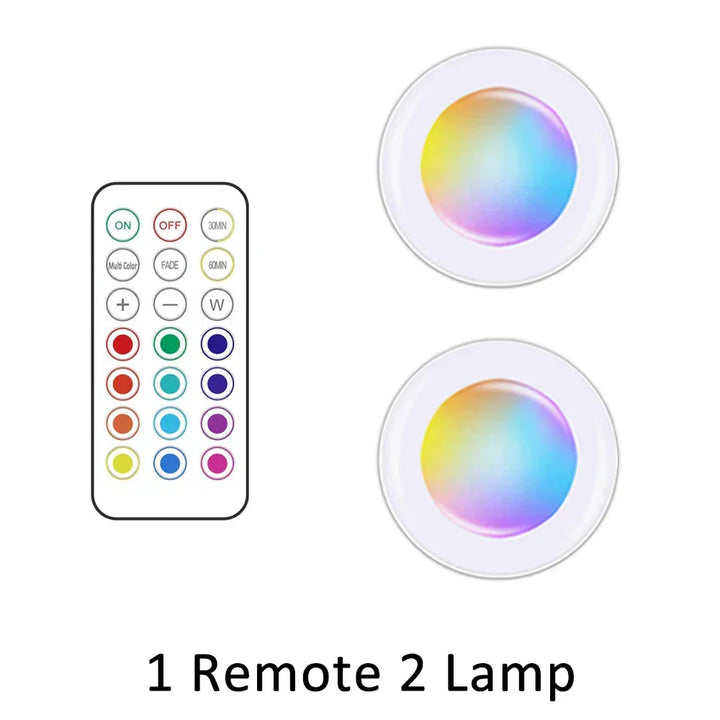 Wireless RGB LED stick-on lights for under cabinet, battery powered & remote controlled home decor.