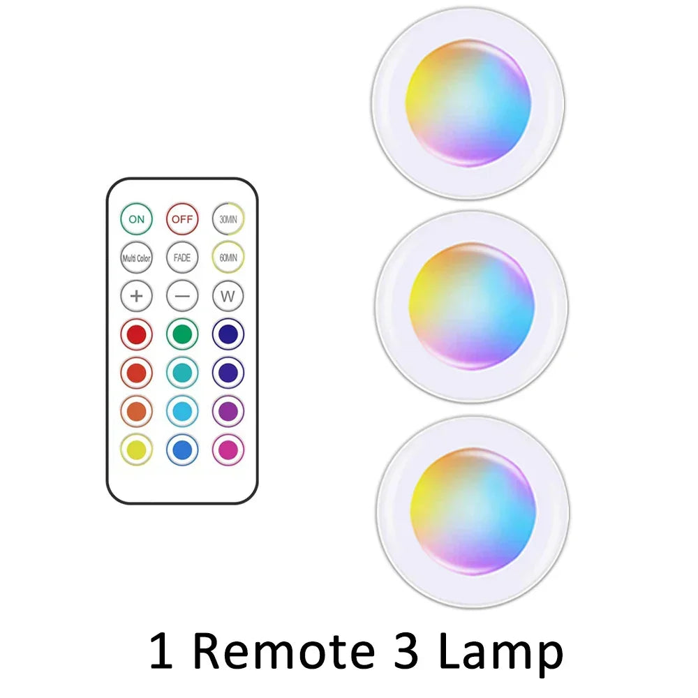 Create colorful ambiance with wireless RGB LED under cabinet lights, remote controlled & easy install.