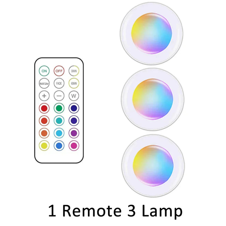 Create colorful ambiance with wireless RGB LED under cabinet lights, remote controlled & easy install.