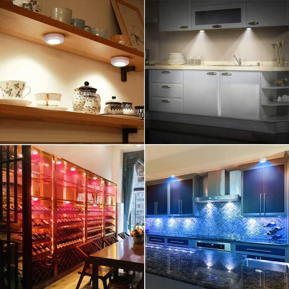 Battery powered RGB LED accent lights for under cabinet, wireless, stick-on & remote controlled.