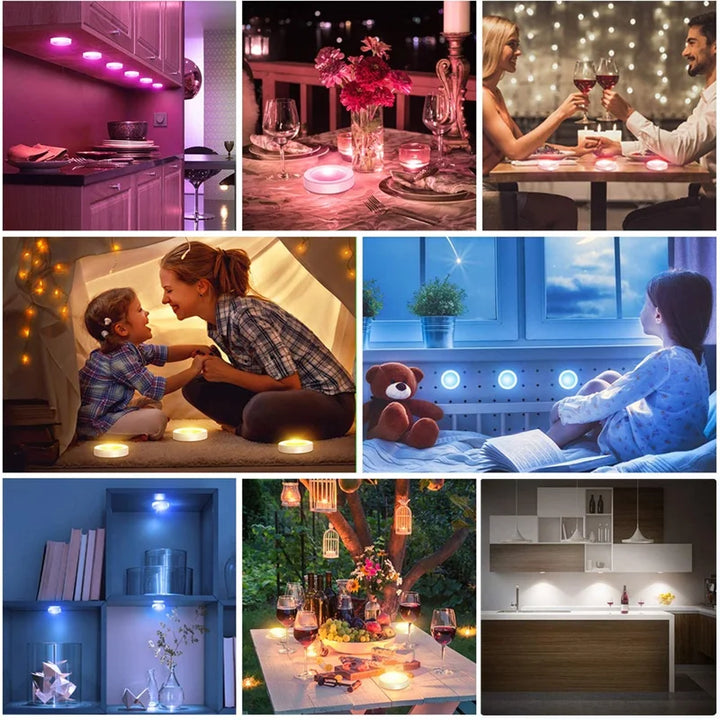 Versatile RGB LED under cabinet lighting, wireless, remote controlled for kitchen & bedroom.