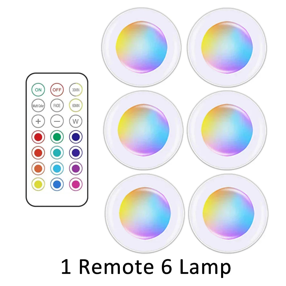 Remote controlled RGB LED under cabinet lights, wireless for seamless kitchen & home lighting.