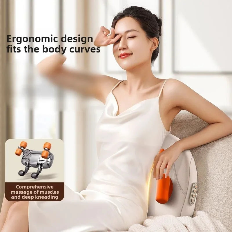 Compact wireless Shiatsu massage pillow delivering therapeutic heat to back and legs