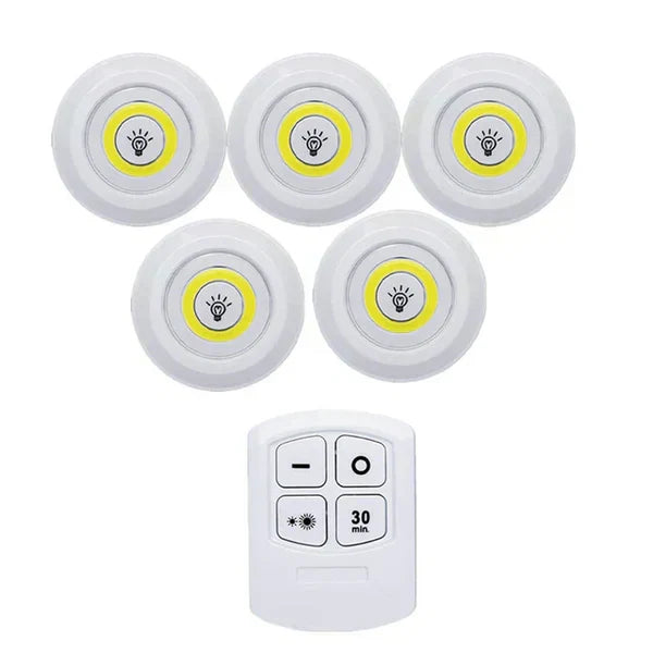 Kit of wireless smart LED puck lights with remote. Battery operated, perfect for home, under cabinet, closet lighting.