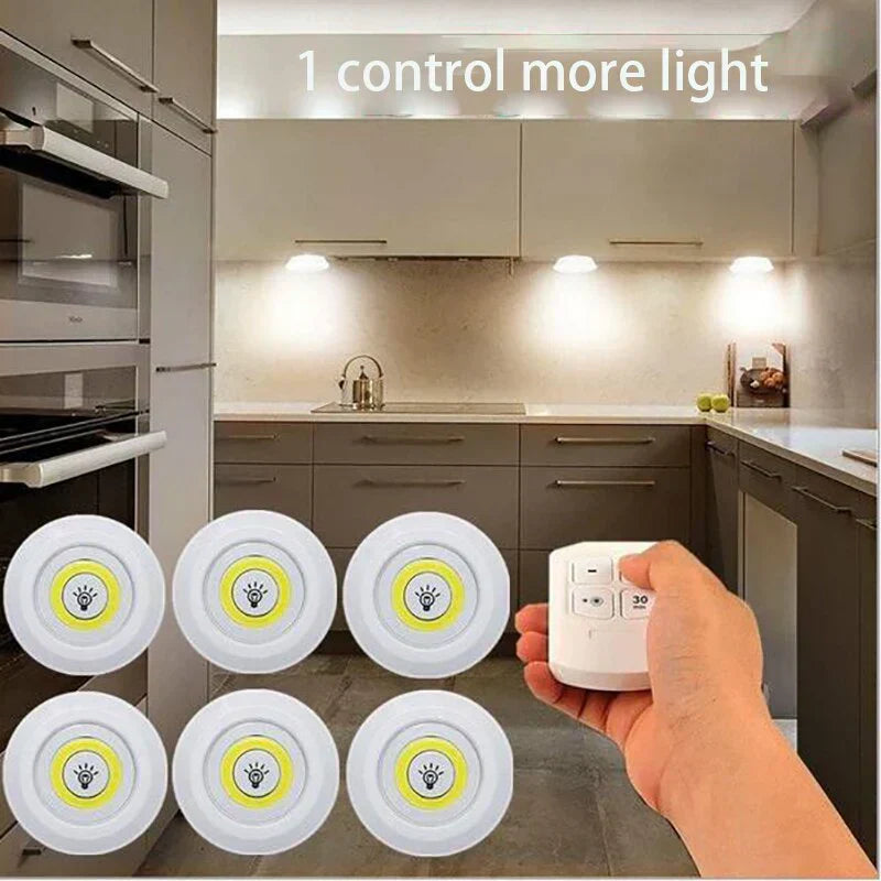 Remote controlled wireless LED puck lights. Smart lighting for closets, easy installation, battery operated home lighting.