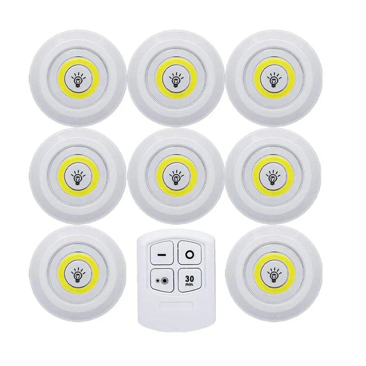 Wireless smart LED puck lights, warm white or cold white. Remote controlled, perfect for kitchen under cabinet lighting.