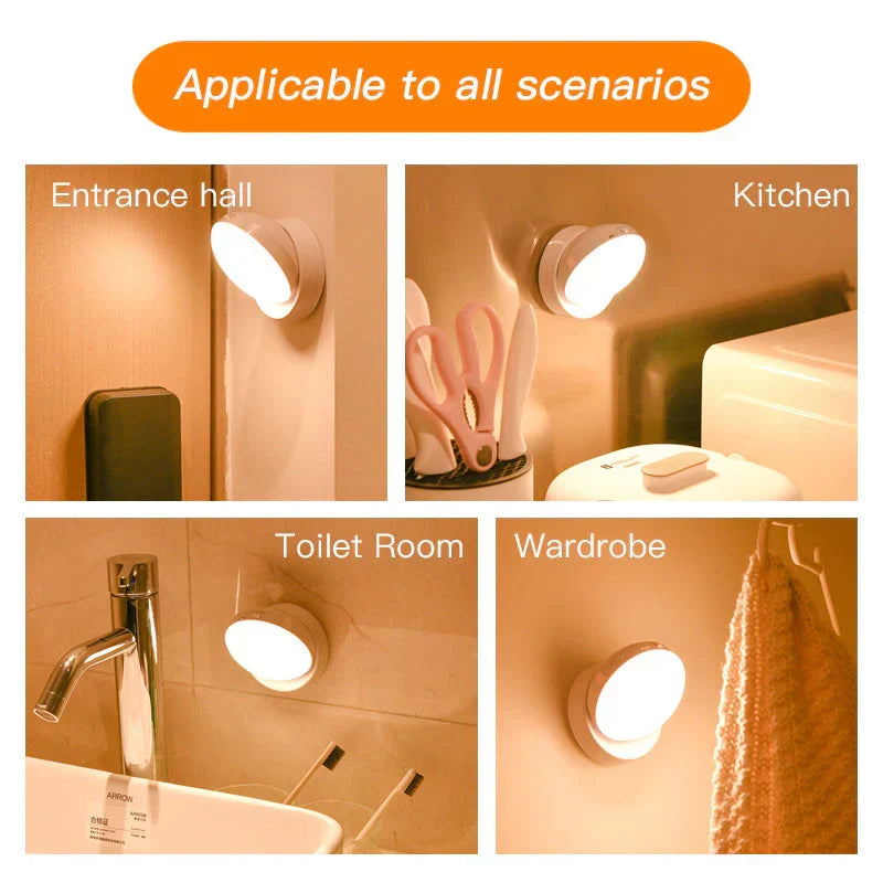 Versatile battery-operated LED motion sensor night light for indoor safety, hallways & closets.