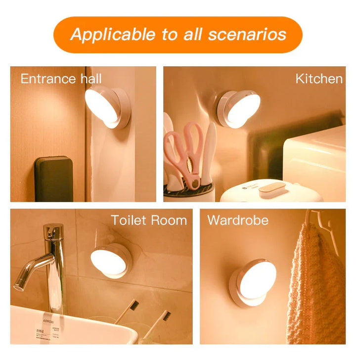 Versatile battery-operated LED motion sensor night light for indoor safety, hallways & closets.