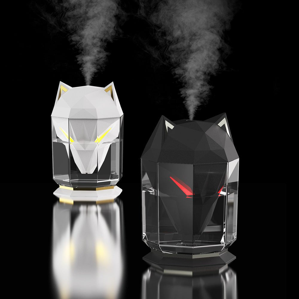 Wolf design humidifier with LED night light, cool mist, improving air quality for home comfort.