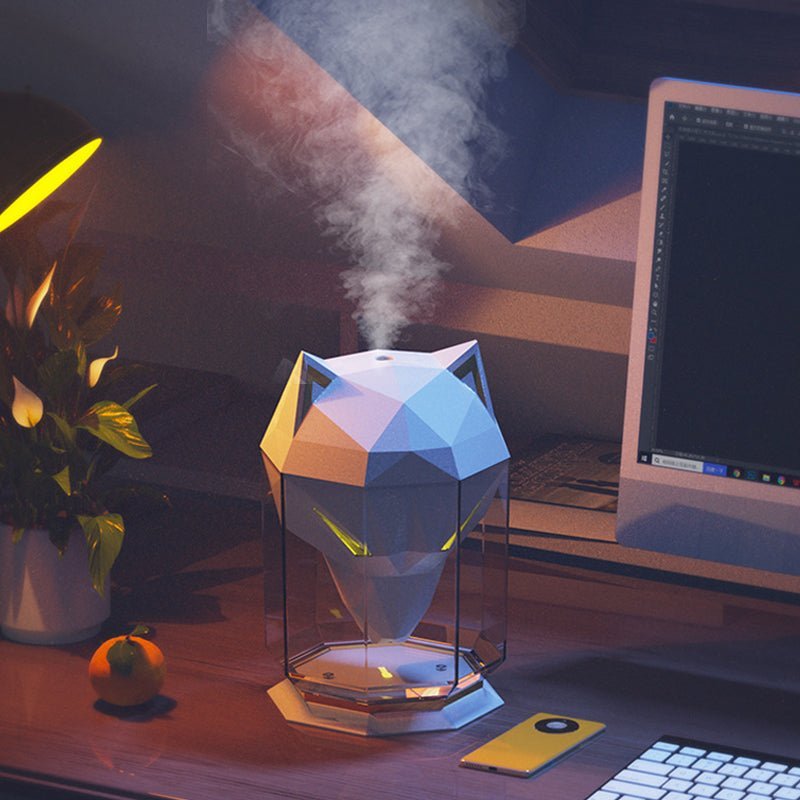 Unique wolf design humidifier, a modern home decor piece with soothing LED night light & cool mist function.