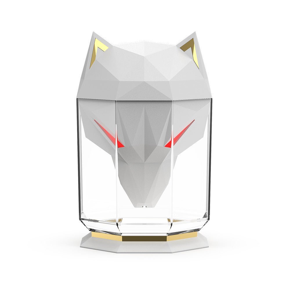 Decorative wolf design cool mist humidifier, perfect for desktop use, improving air with integrated LED night light.