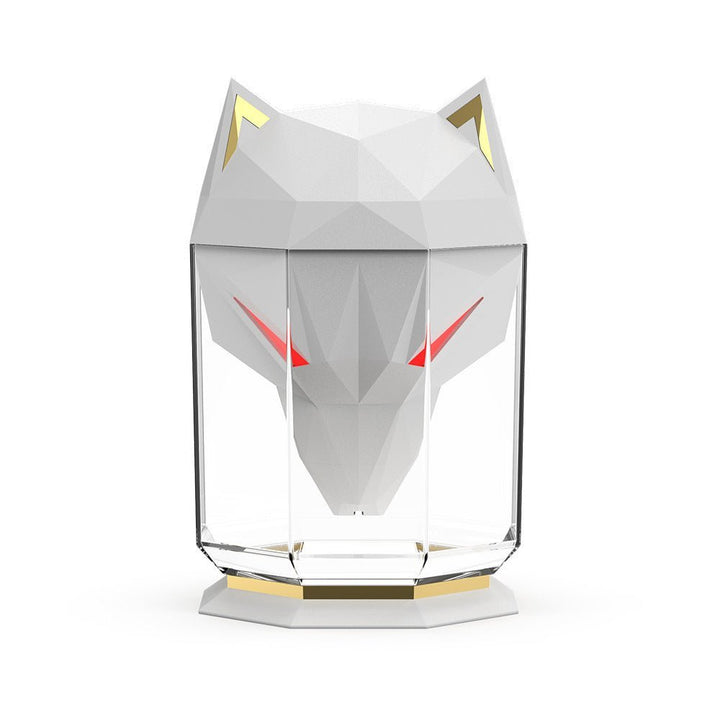 Decorative wolf design cool mist humidifier, perfect for desktop use, improving air with integrated LED night light.