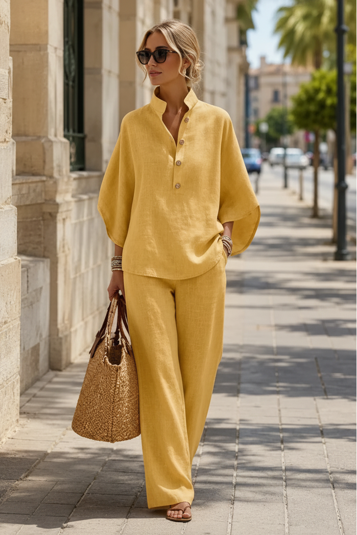 Woman in a breezy wide-leg two-piece set, perfect for comfortable summer casual wear & loungewear.