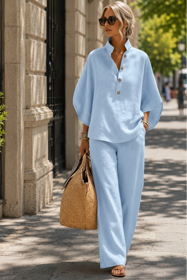 Front view of a women's breezy wide-leg two-piece set, a chic and comfortable summer outfit for casual wear.
