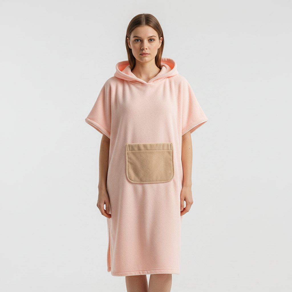 Model wearing a stylish hooded fleece poncho, showcasing its comfortable and relaxed fit