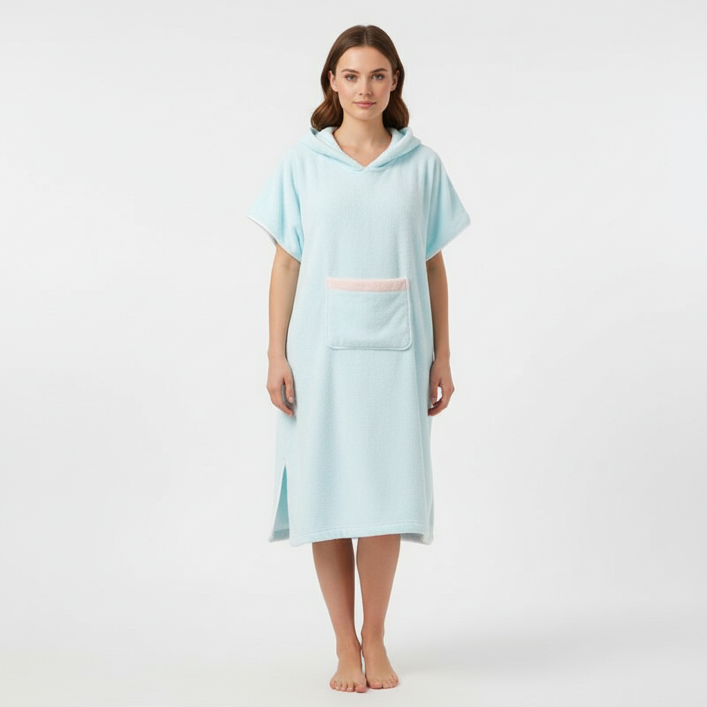 Versatile hooded poncho made from absorbent fleece, great for home, spa, or travel use