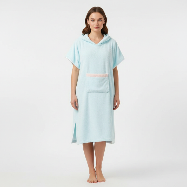 Versatile hooded poncho made from absorbent fleece, great for home, spa, or travel use