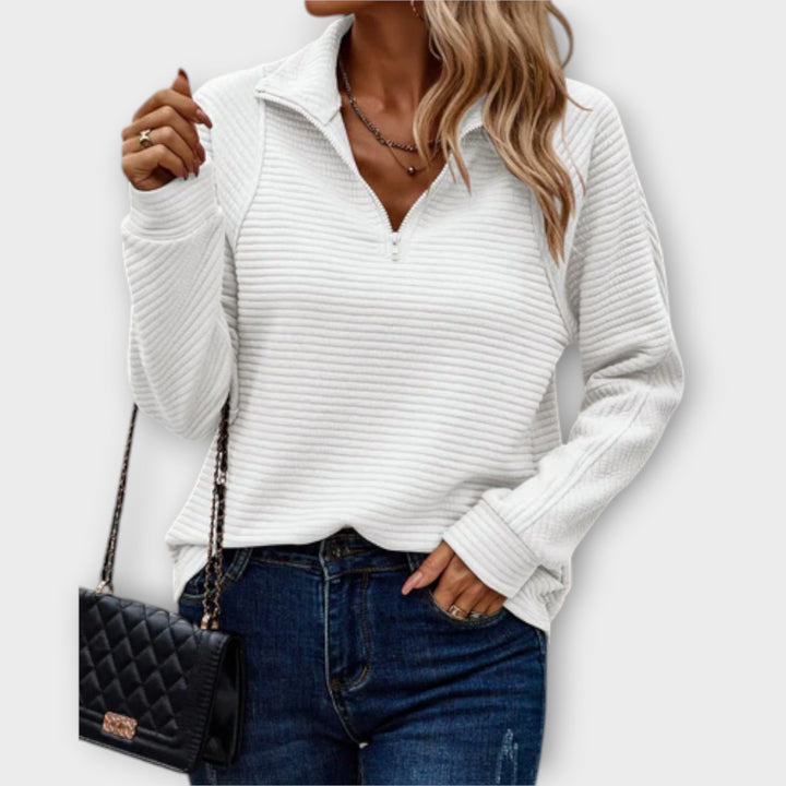 Chic women's V-neck zipper sweater, perfect for casual wear or elegant outfits, cozy long sleeve design.
