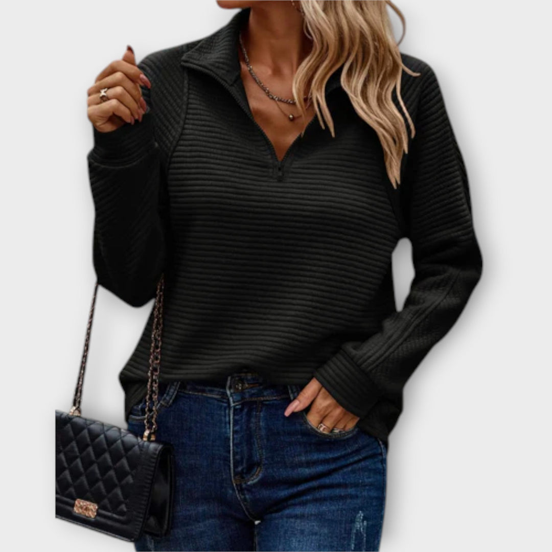 Versatile women's V-neck long sleeve sweater with a stylish zipper, soft fabric for everyday comfort.