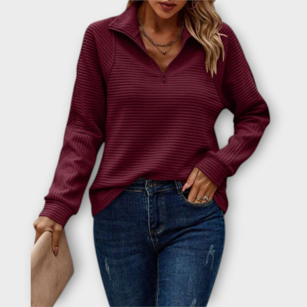 Comfortable long sleeve V-neck zipper sweater for women, perfect for versatile casual and elegant looks.