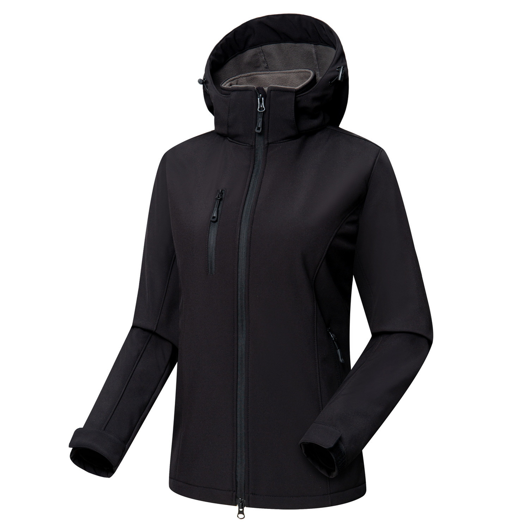 Lightweight women's softshell jacket with hood, designed for comfort and wind protection on active spring days.