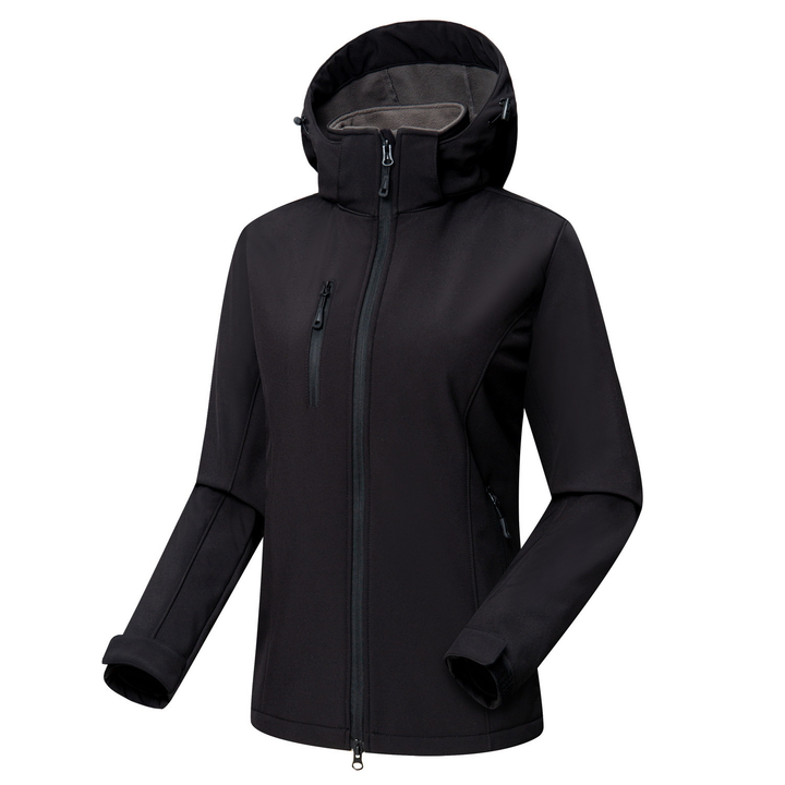 Lightweight women's softshell jacket with hood, designed for comfort and wind protection on active spring days.