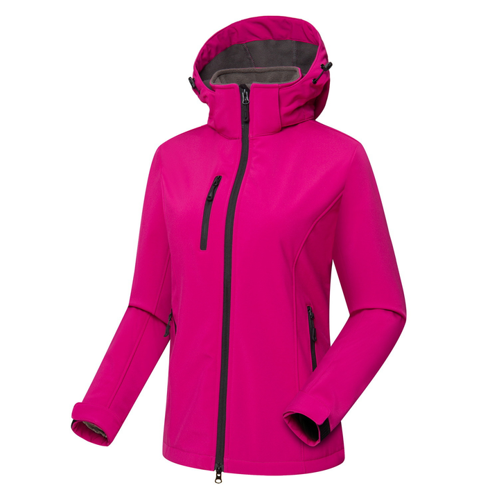 Front view of a versatile women's full-zip hooded softshell jacket, an essential for activewear & outdoor style.