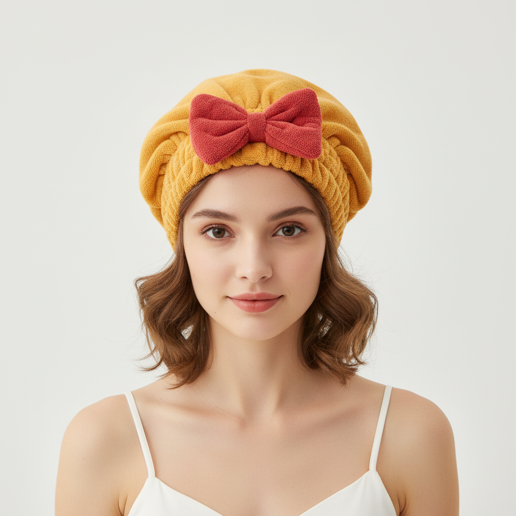 Woman smiling, wearing a quick-dry microfiber hair towel wrap after washing her hair, anti-frizz benefits.