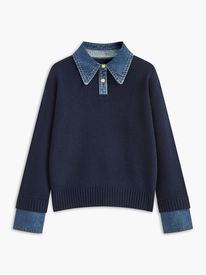 Women's 2-in-1 panel lapel sweater, versatile knit top for elegant casual & office wear.