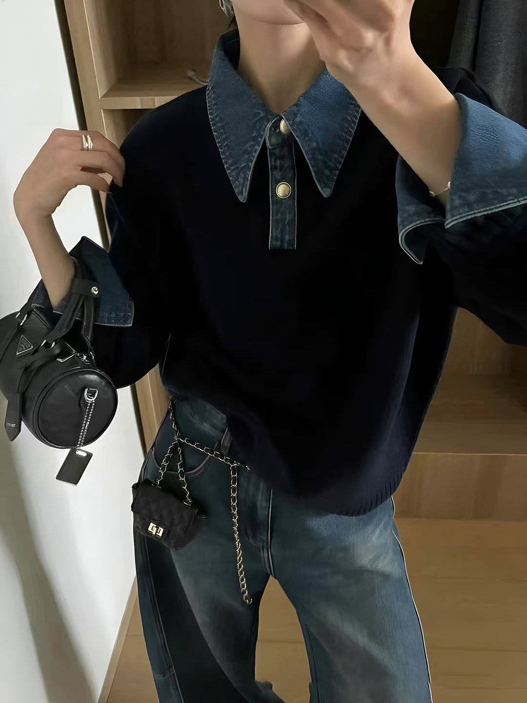 Chic women's 2-in-1 knit sweater with stylish lapel panel & button detail, perfect for layering.