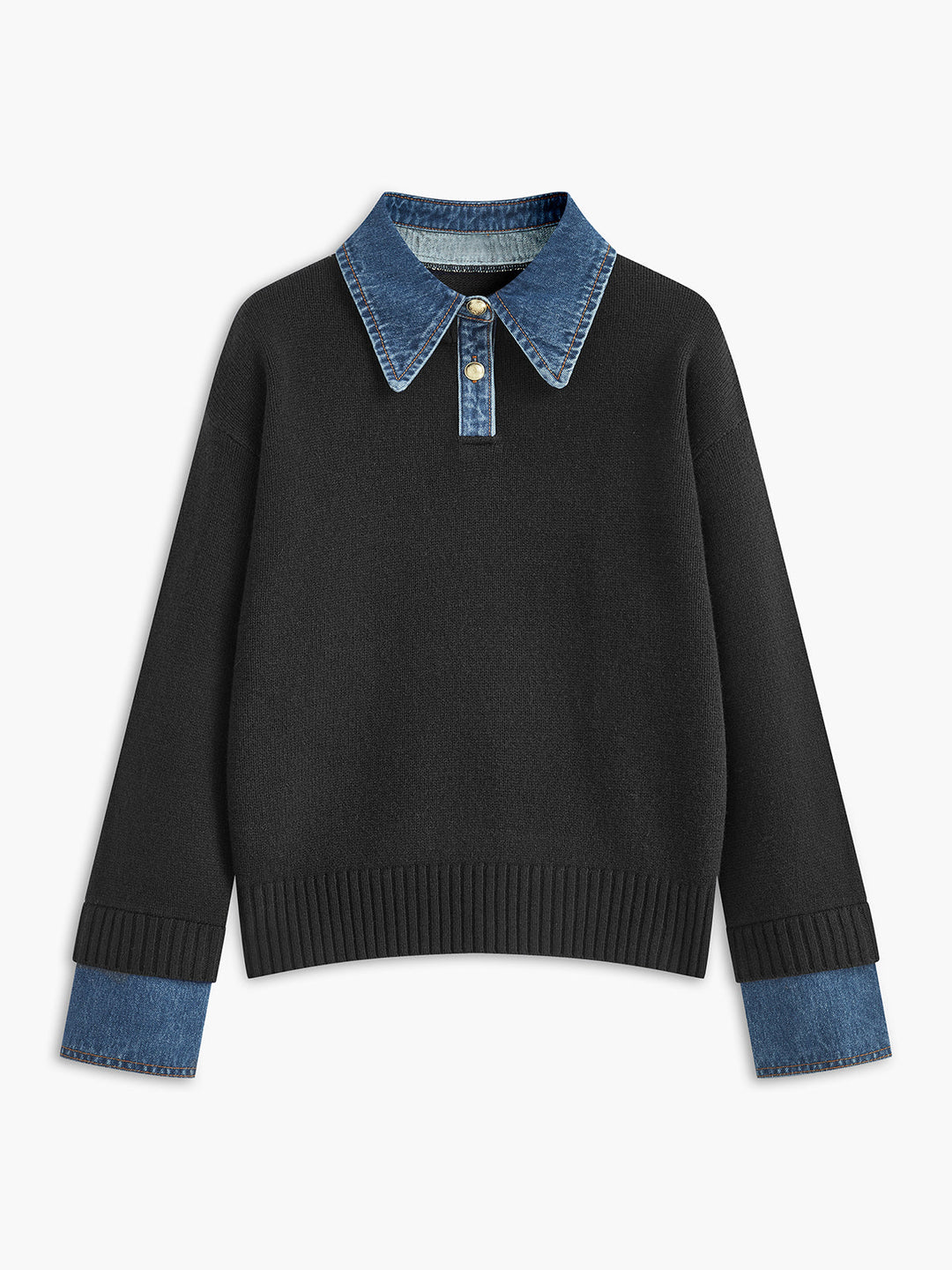 Women's chic 2-in-1 panel lapel knit sweater with button detail. Versatile pullover for seasonal layering.