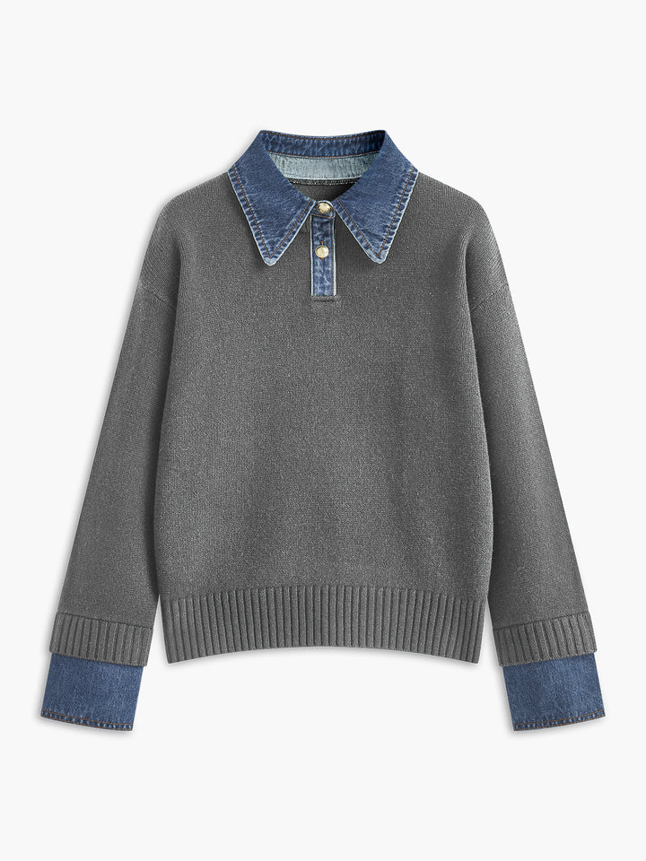 Unique women's 2-in-1 panel lapel sweater. Elegant knit top, versatile for office & casual fashion.