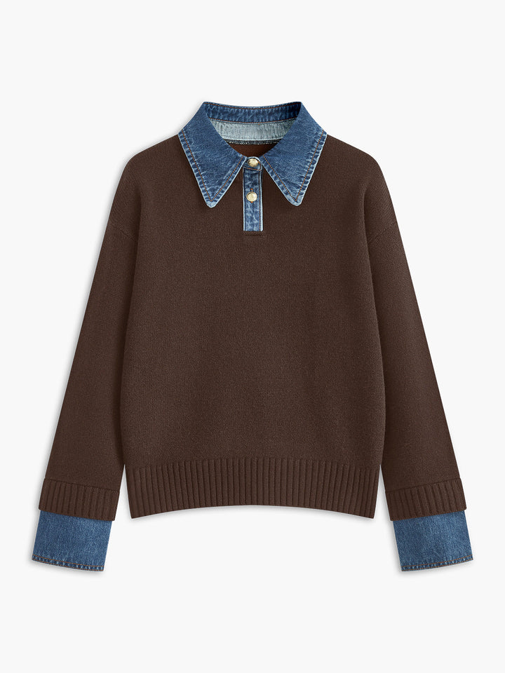 Women's 2-in-1 panel lapel sweater, a versatile & elegant knit top with a comfortable fit for any occasion.