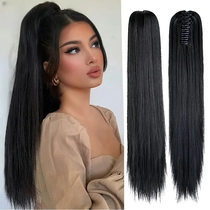 Sleek 21.7-inch synthetic clip-in ponytail extension for women, adding instant volume & elegant long hair.